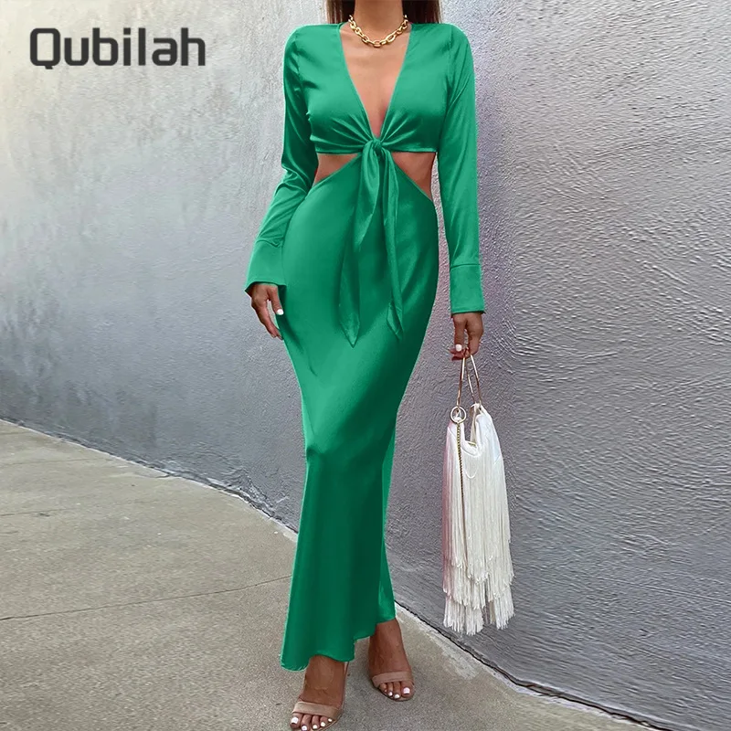 

Hollow Out Satin Dress Strap Long Sleeve Maxi Skirt Club Solid Color Spring Summer Woman Clothes Elegant Dresses for Women Party