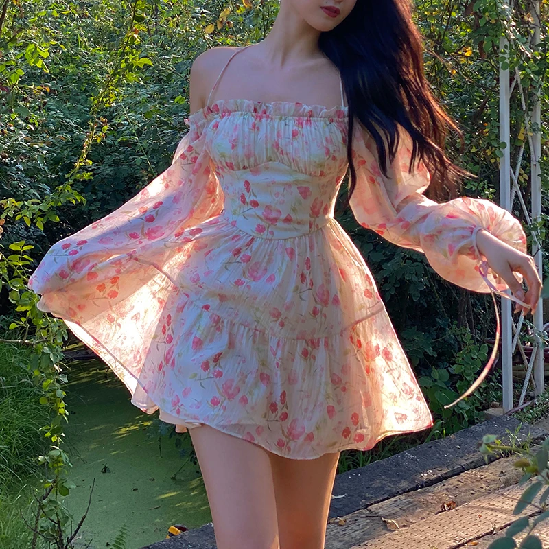 

Fog Tulip 2022 New Shoulder-length Bubble Sleeve Square Collar Floral Chiffon Dress Women's Summer Off Shoulder Ruffle Kawaii