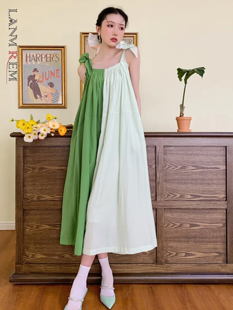 

LANMREM Color Block Long Sling Dress For Women 2022 Summer Loose Midi Length Suspender Chic Dresses Ladies Party Clothing 2R3047
