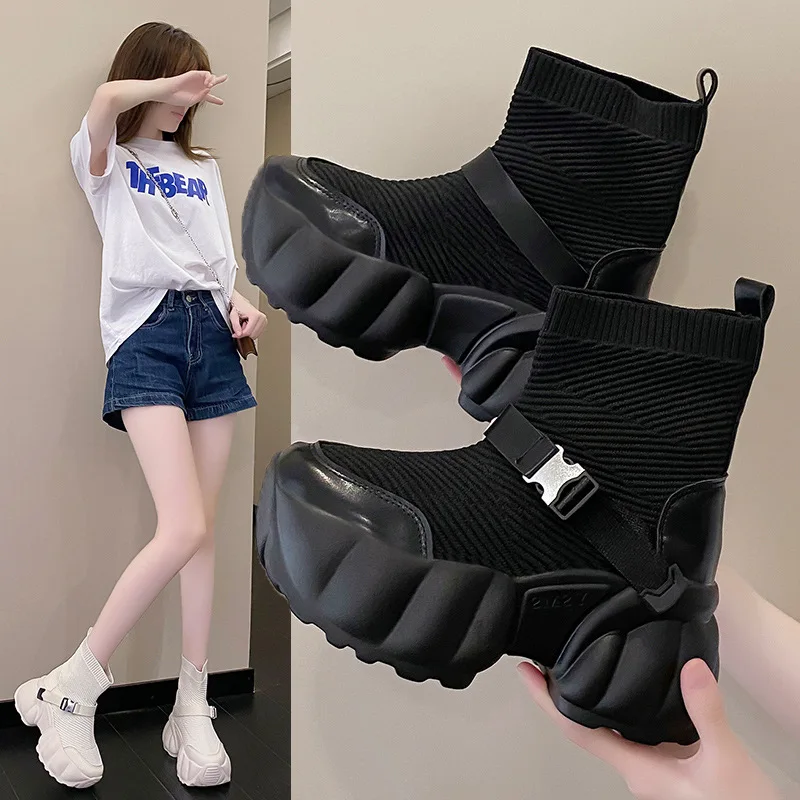 

Дышащие эластичные ботинки-носки, Новинка осени 2022, вязаная женская обувь с высоким берцем, повседневные ботильоны на платформе