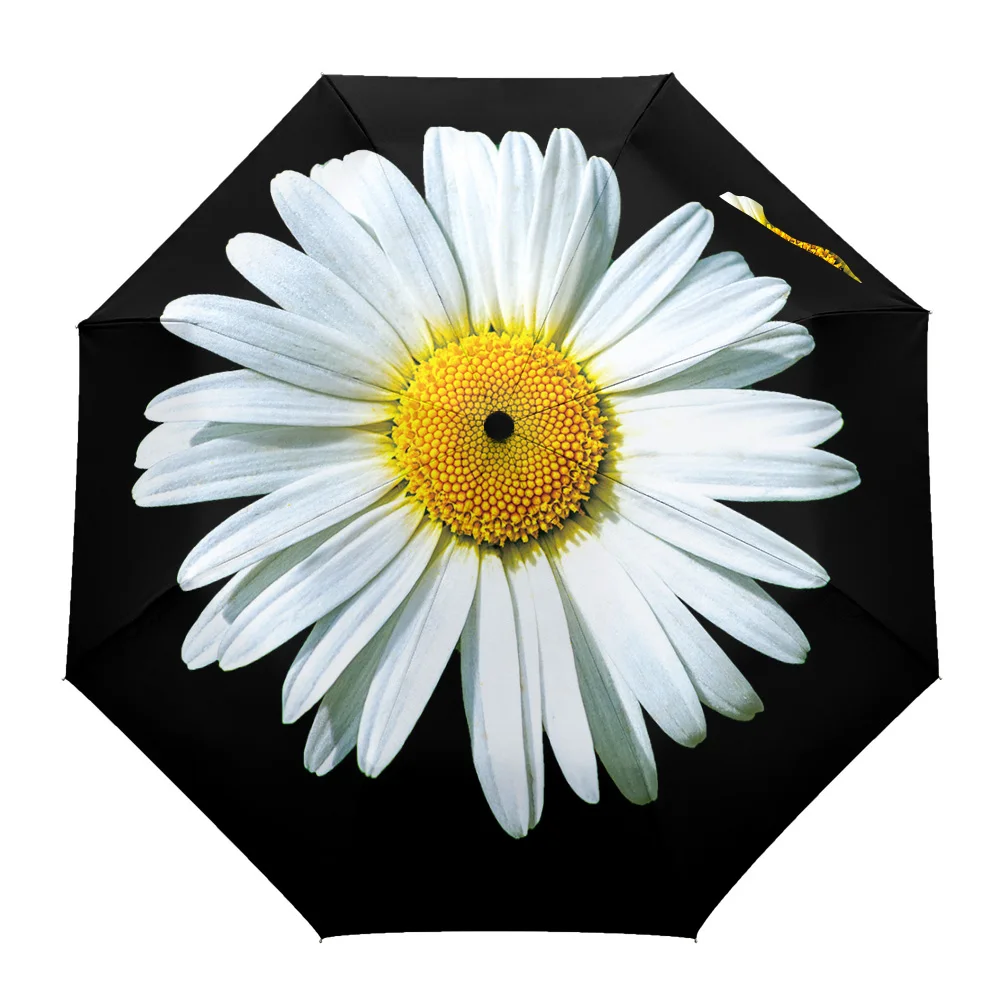 

Flower White Daisy Black Background Rain Umbrella Folding Sun Umbrella Outdoor Sunscreen Anti-UV Parasol Female Male Umbrellas