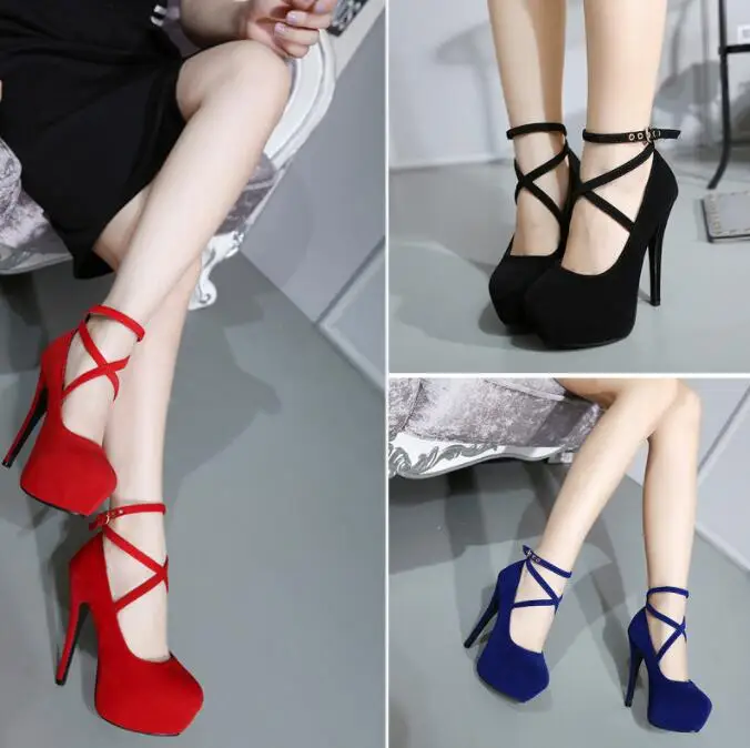 Red Sexy Pumps High Heel Women New Style Flock Fashion Cross Straps wedding Heel High Platform Model Nightclub High-heeled shoes