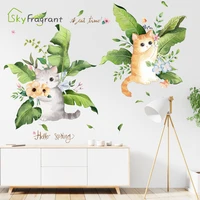 nordic simple fresh wall sticker cute cat broadleaf self adhesive stickers bedroom bedside living room wall decor home decor
