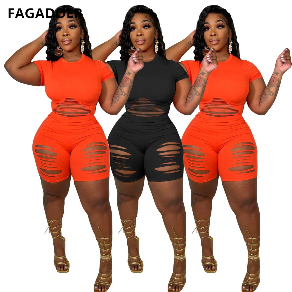 

FAGADOER Casual Solid Hollow Two Piece Sets Women Round Neck Sweatwear And Short Pants Tracksuits Female Solid Sporty Outfits