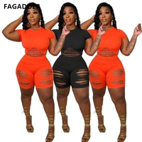 fagadoer casual solid hollow two piece sets women round neck sweatwear and short pants tracksuits female solid sporty outfits