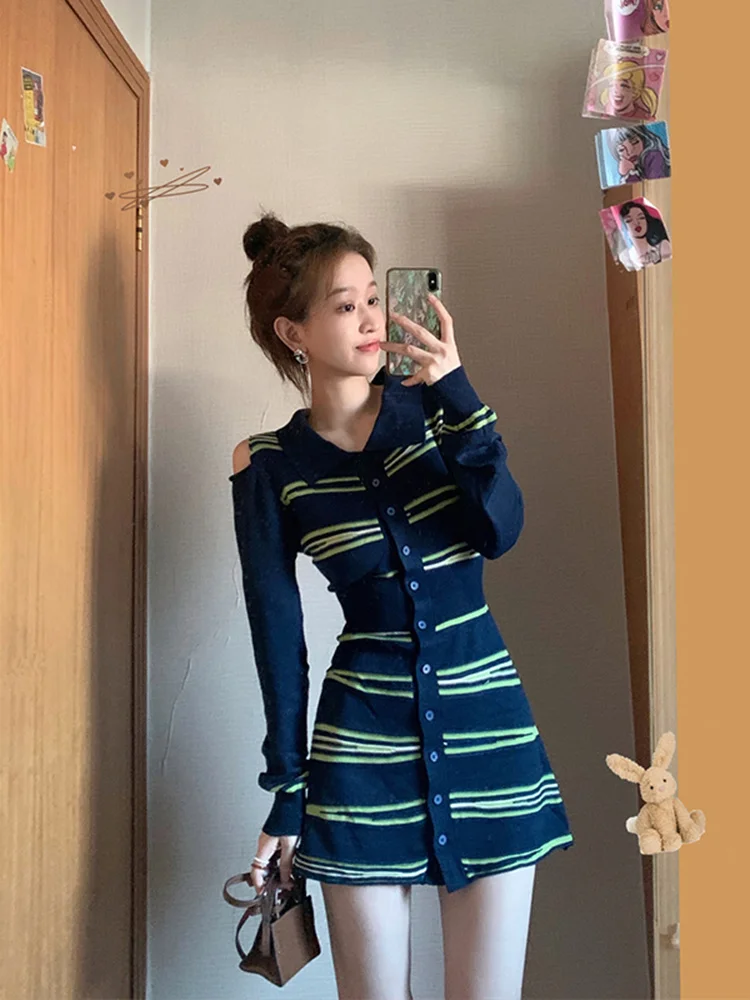 

[Pet powder welfare]Knitted dress 2023 new women's early spring waist style high grade off-the-shoulder skirt