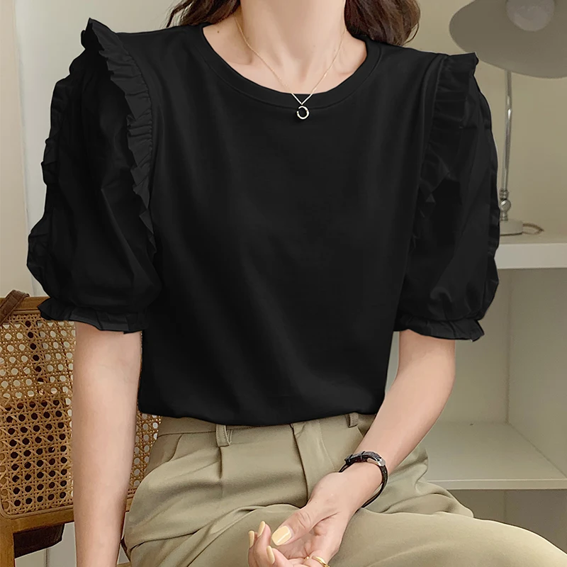

Girlish Style Ruffled Puff Short Sleeve T-shirts Women Casual Round Collar Female Tops Black/White Woman Summer T-shirt