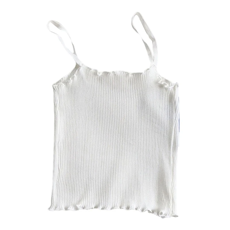 

Women Rib Knit Sleeveless Camisole Lettuce Trim Solid Spaghetti Strap Tank Top