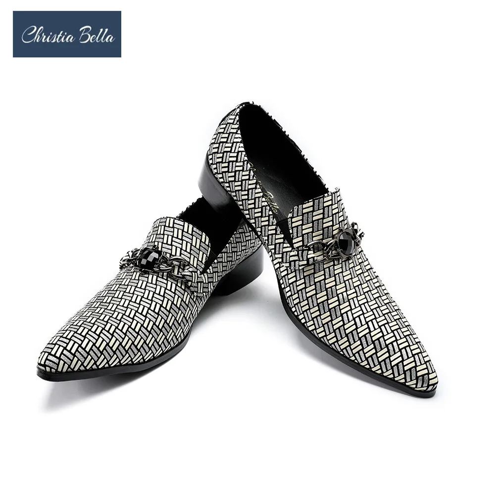 

Christia Bella New Pointed Toe Party Genuine Leather Shoes for Men Plus Size Plaid Pattern Men Dress Shoes Fashion Mens Loafers
