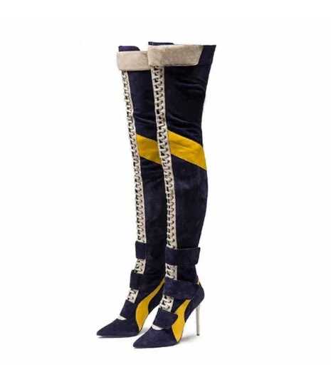 Suede Blue Yellow Mixed Color Pointed Toe Cross Straps Stiletto Heels Over the Knee Boots Lace Up Runway Splicing Leather Shoes