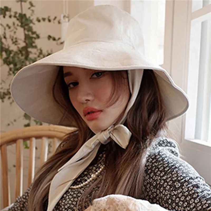 

Summer Spring Japan Tie Bucket Hat Women Korean Big Brim Fisherman Hat Foldable Sunscreen Chic Cotton Linen Beach Sun Hat