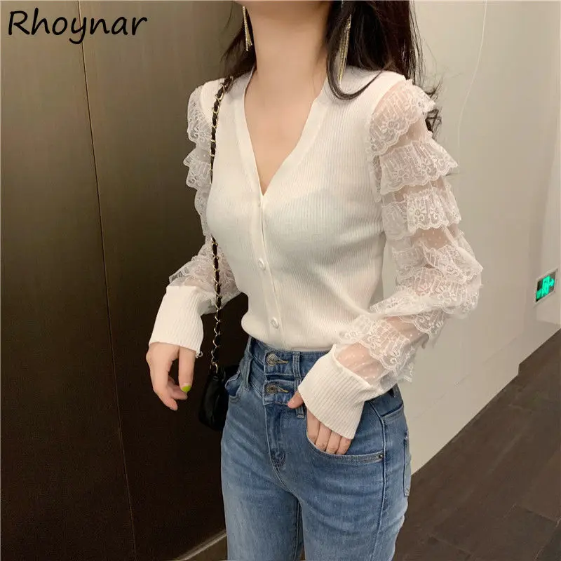 

Cardigan Women Solid Lace V-neck Tender Design Sweet Sexy Elegant Casual Cozy Chic Ins Streetwear Mujer De Moda Korean Style New