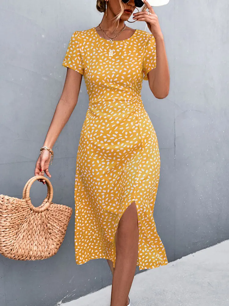 

2022 Summer Floral Print Dress Women Backless Long Party Dress Ladies Yellow Green O-neck Slit Dress for Women