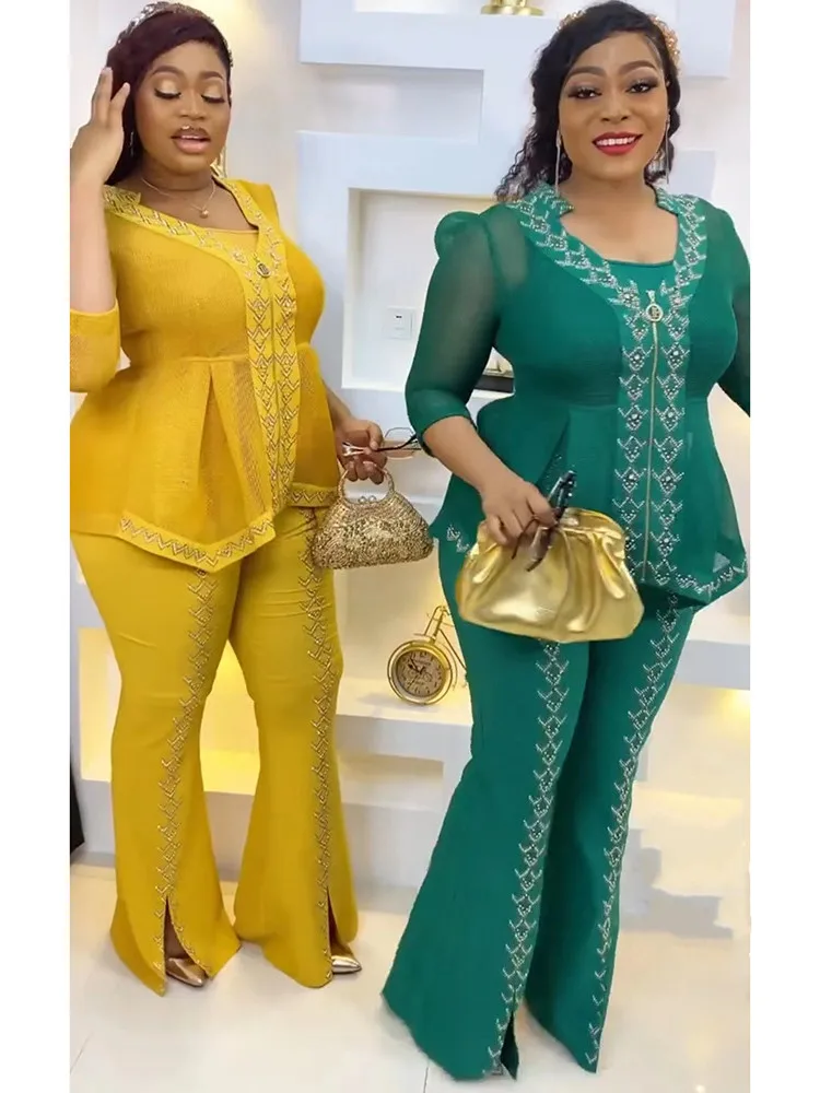 

3 Piece Set Plus Size Women Clothes African Dashiki Ankara Wedding Party Outfits 2022 Summer Fashion Tops Pants Trousers Suits