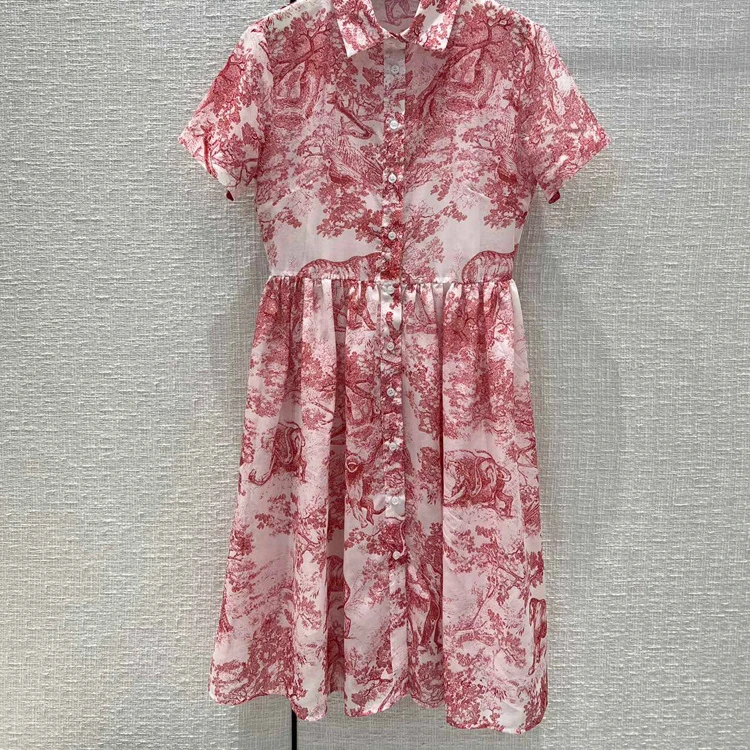 

Luxury Jungle Animal Print Dress Cotton Pink Short-sleeved Dress Female High-end Vintage Literary Waist-slim A-line Mid Dresses