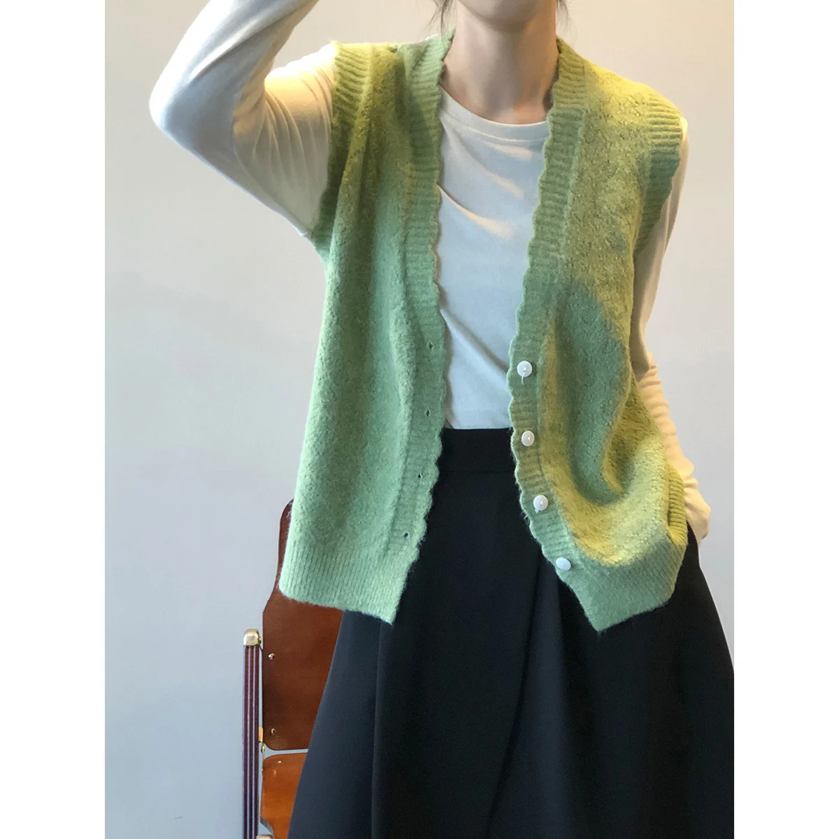 

Lace V Neck Button Down Knitted Vest 2022 Autumn Loose Sweater Cardigan