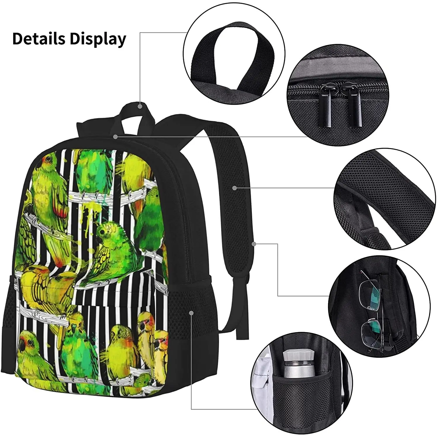 Watercolor Parrots Black Stripes Backpack Set 3-Piece Teen Boys Girls Backpack Messenger Lunch Bag Pencil Case Set