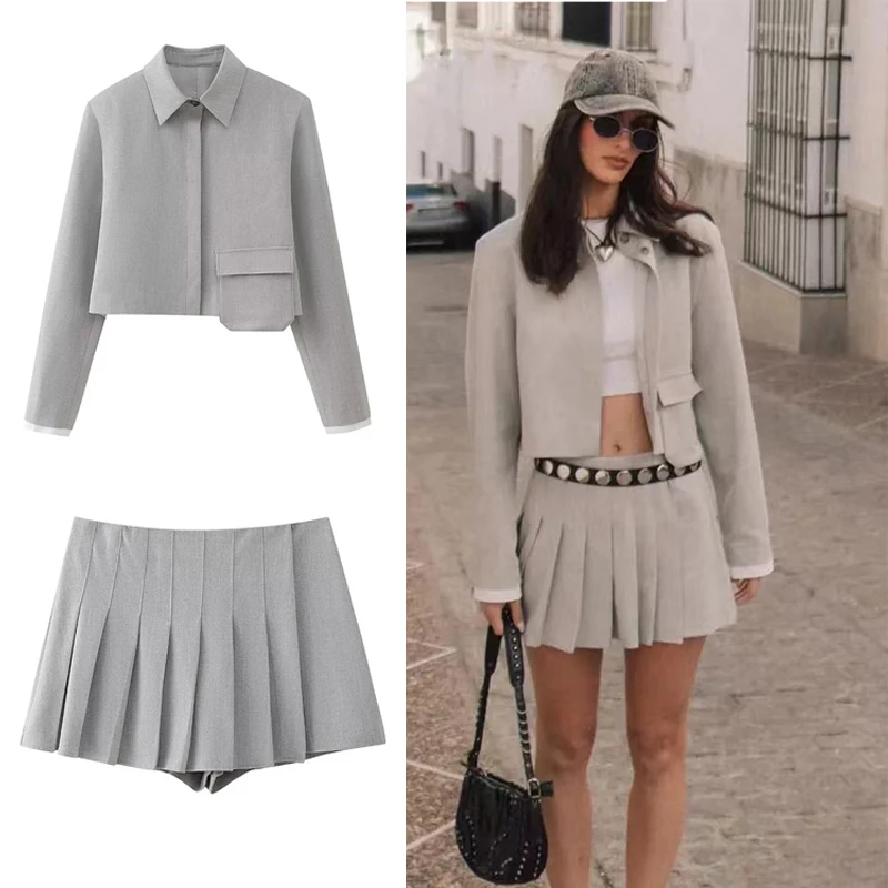 Модный женский комплект UETEEY из 2 предметов серая однобортная рубашка с