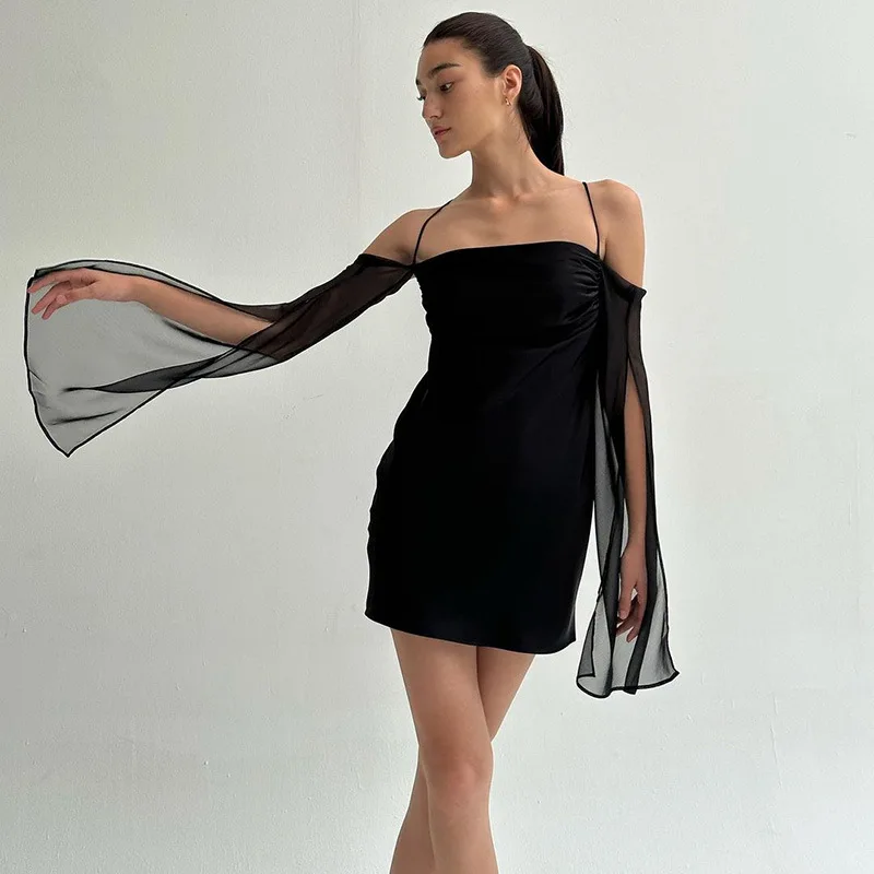 Temperament Mesh Backless Party Dress Sexy Fashion Pure Desire To Shrink Pleated Hip Wrap Dress