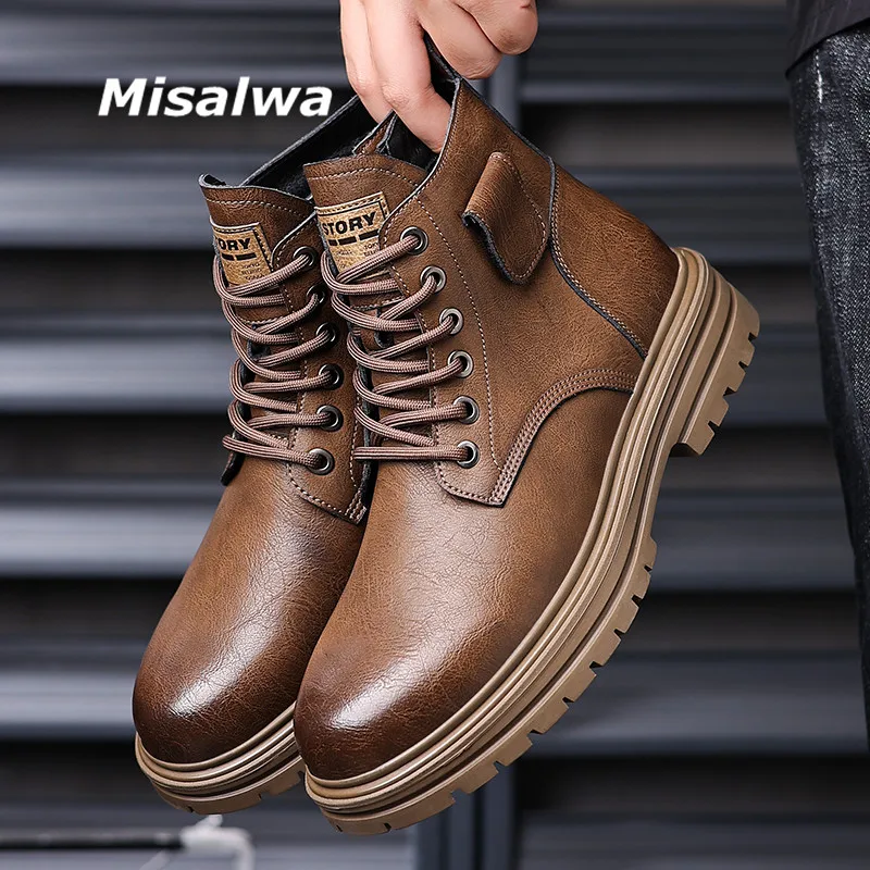 

Misalwa Elevator Botas Men Leather Shoes Fashion Motorcycle Men Ankle Boots Military High Top Winter Lace-Up Botas Hombre