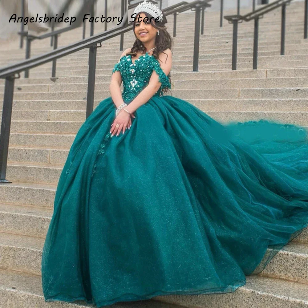 

Hunter Green Sparkly Beading Appliques Ball Gown Quinceanera Dresses Off The Shoulder Sweet 15 Prom Party Dress