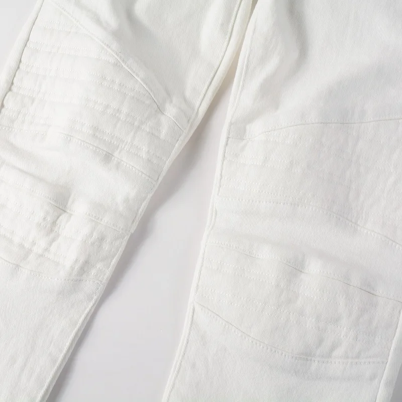 High Street Fashion Brand Destroyed Bandana Pants Men Ribs Patches Distressed Skinny Stretch White Slim Fit Ripped Zipper Jeans