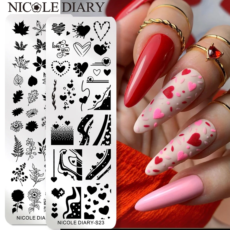 

Трафареты NICOLE DIARY для стемпинга ногтей, пластины из нержавеющей стали для дизайна ногтей, с сердечками, надписью Love Lines, День святого Валенти...