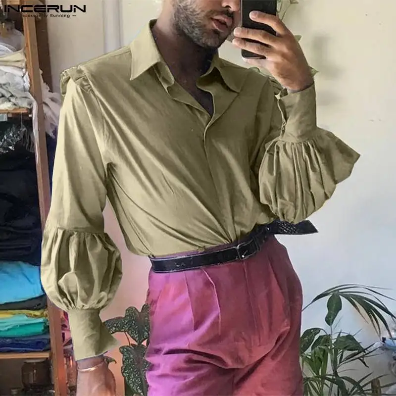 

Новинка, Мужская однотонная Свободная блузка в американском стиле для танвечерние, модные рубашки с длинными рукавами и оборками, топы для ...