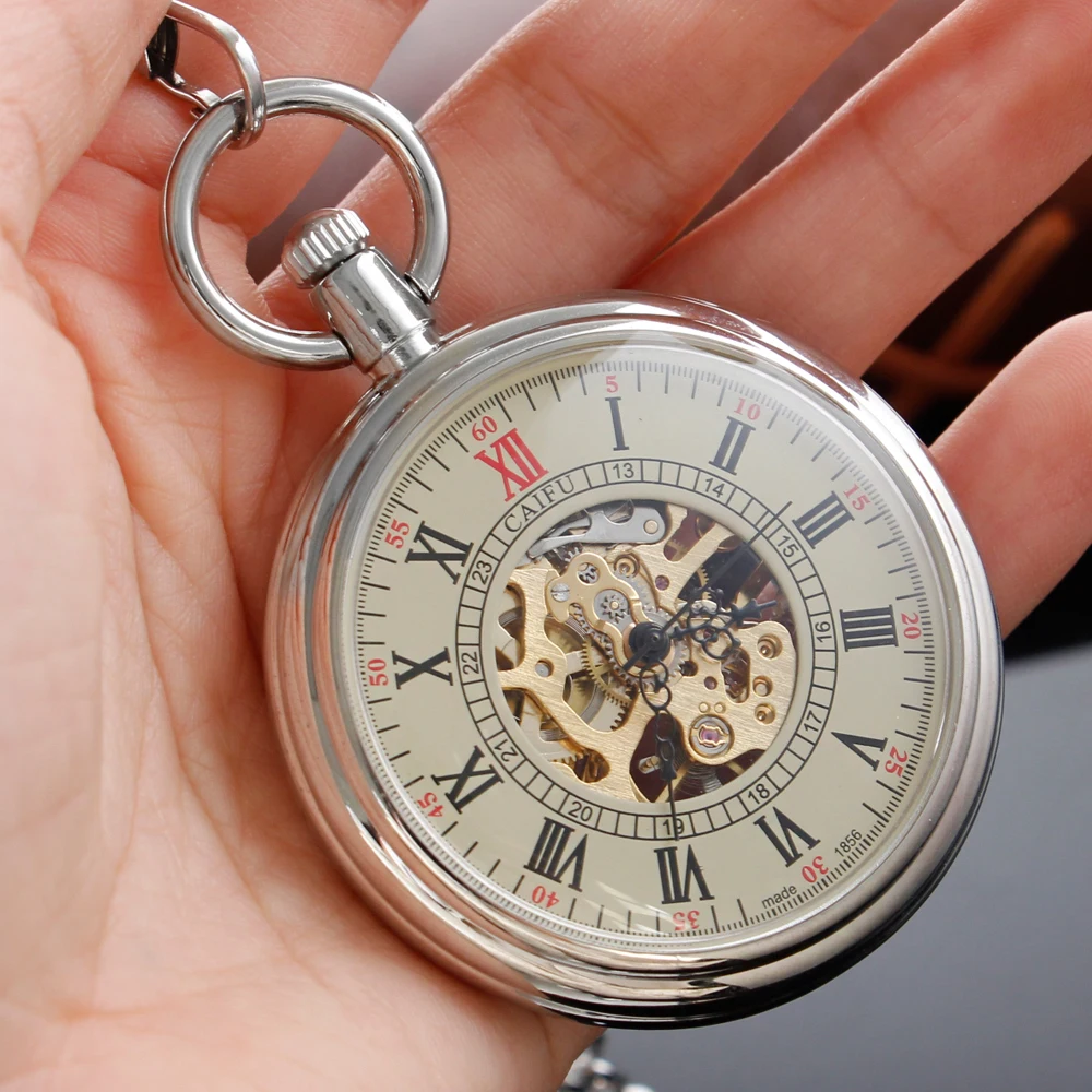 Silver Vintage Classic British Style Steam Punk Skull London Mechanical Pocket Watch Fob Chain Clock Men's and Women's Gift