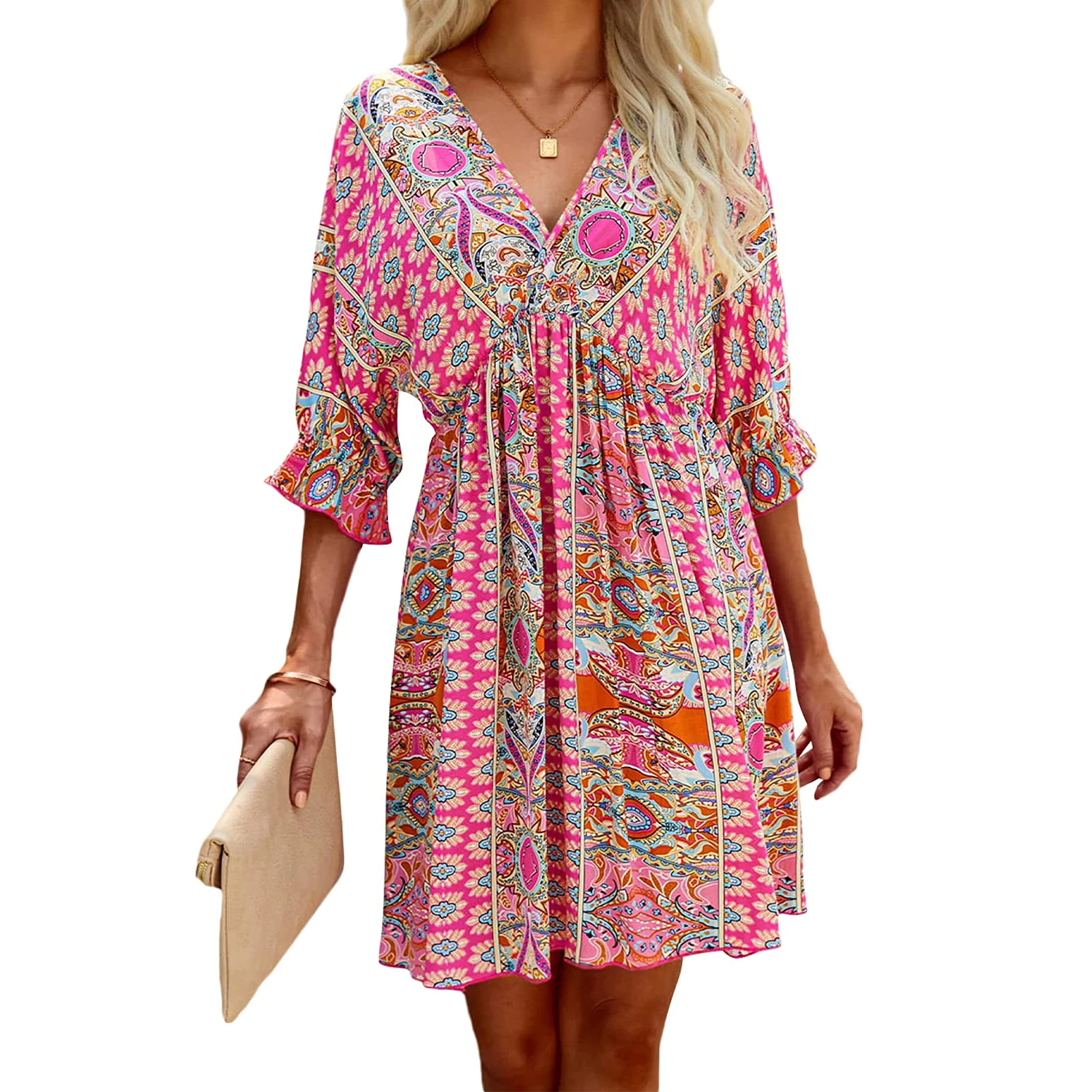 

Party Print Casual Soft Short Sleeves Gift V Neck For Summer Tie Back Washable Women Dress Lightweight Breathable Polyester