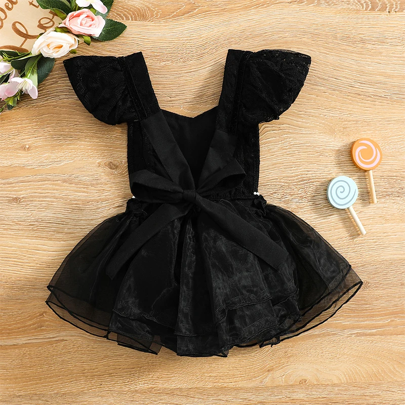 

Платье для новорожденных девочек 0-24 м, Стильный комбинезон, черный комбинезон с короткими рукавами и жемчужинами, боди с завязкой сзади, пов...