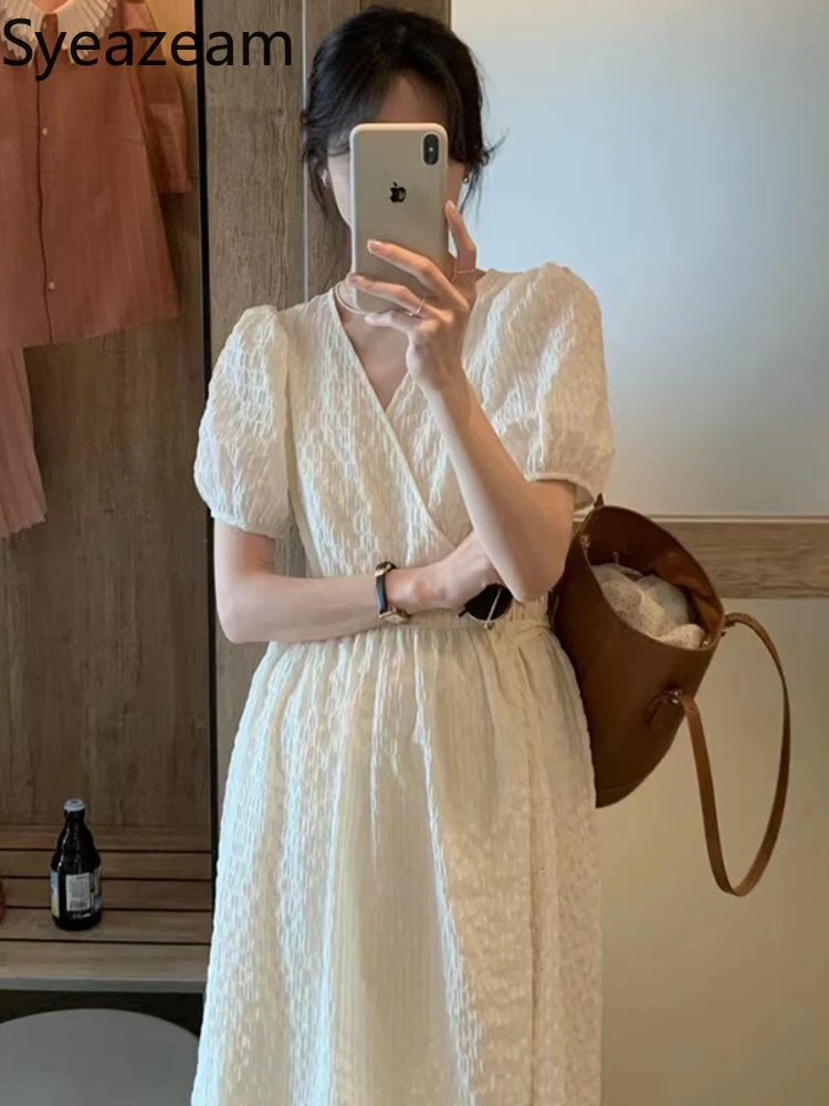 

Корейское шикарное французское платье в стиле ретро, корейское платье с V-образным вырезом, трехмерные клетчатые кружевные длинные платья с...