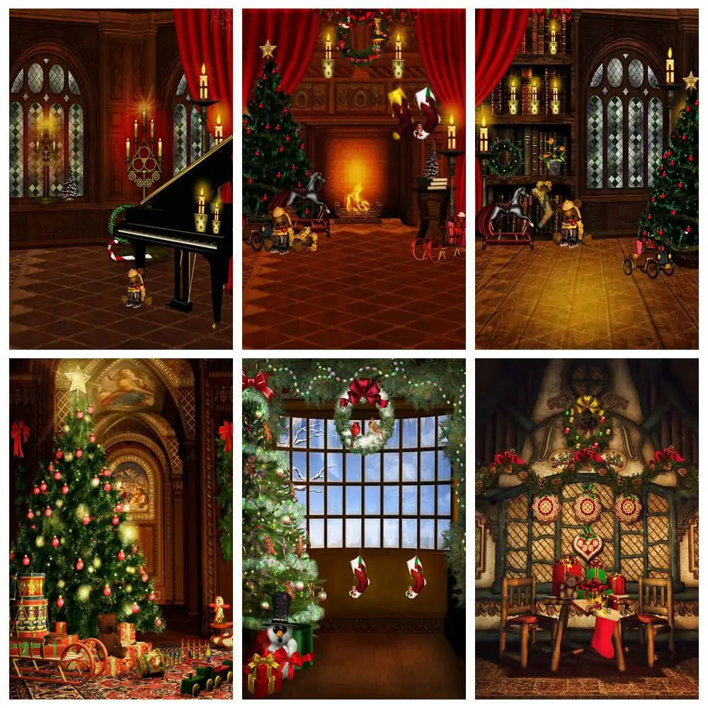 

Christmas Decoration Photography Backdrops Stand Custom New Year Lights Fireplace Bookshelf Window Gifts Party Photo Backgrounds
