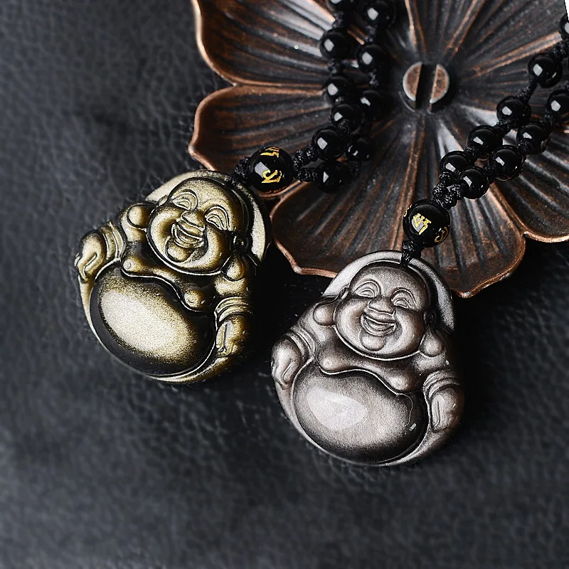 Натуральный обсидиан серебро обсидиановый улыбающийся кулон Будды ожерелье