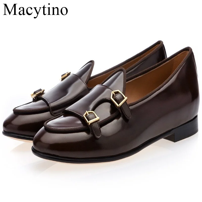

Polished Leather Double-Monk Loafers Men Moccasins Slippers Wedding Dress Shoes Flats Casual Shoes Black Brown Blue