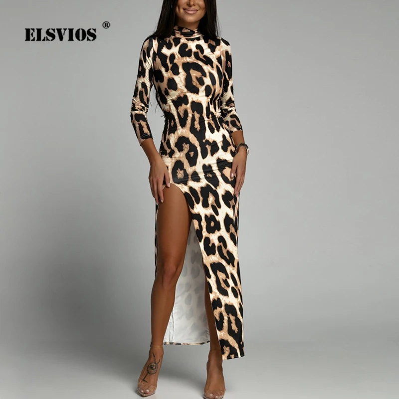 

Женское облегающее платье-карандаш с длинным рукавом и леопардовым принтом