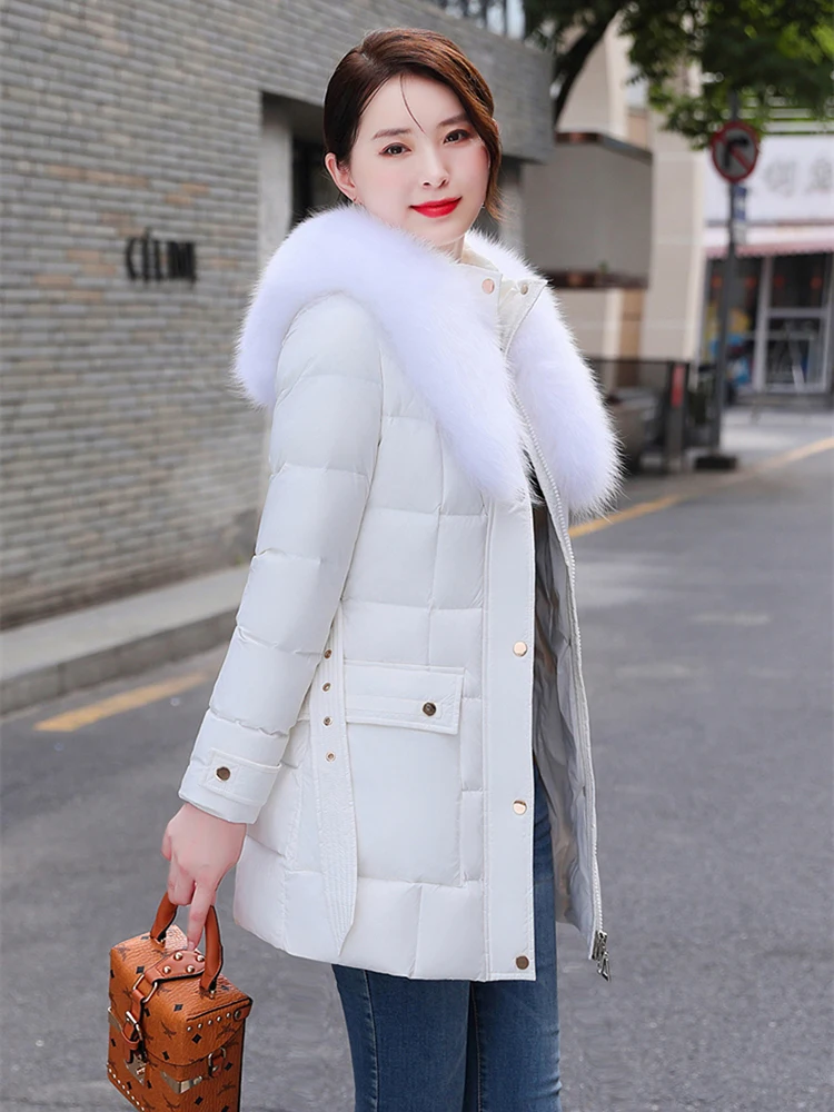 New Women Fur Down Jacket Winter Fashion Real Fox Fur Collar Medium Long Belt Slim Puff Down Coat Thicken Warm Outerwear Female
