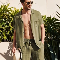 new pajamas comfortable and breathable short sleeved suit cotton and linen shirt suit mens casual outdoor two piece suit