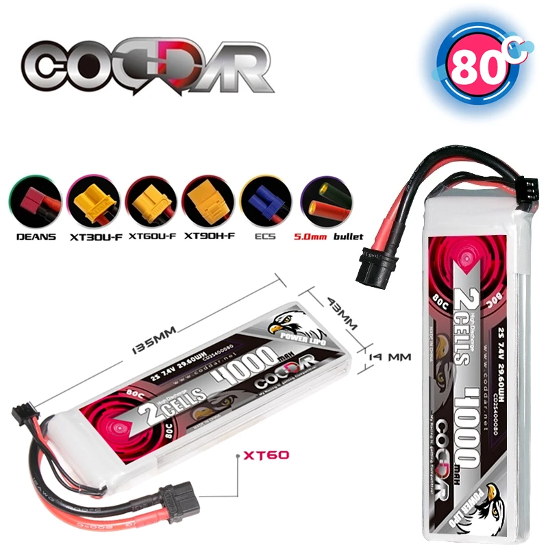 

CODDAR 2S 4000mAh 7.4V 80C High Capacity Lipo Battery With XT60 XT90 EC5 Plug For FPV Quadcopter RC Helicopter Racing Drone Part