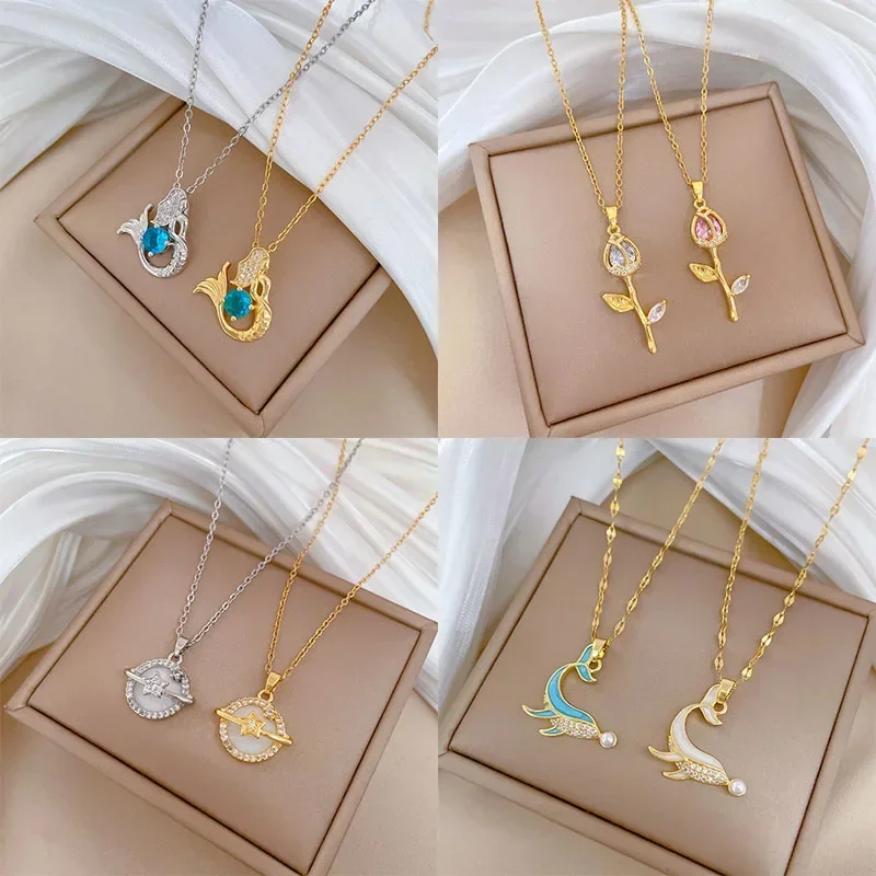 Модное циркониевое ожерелье Grace с Китом и русалочкой цепочка из нержавеющей