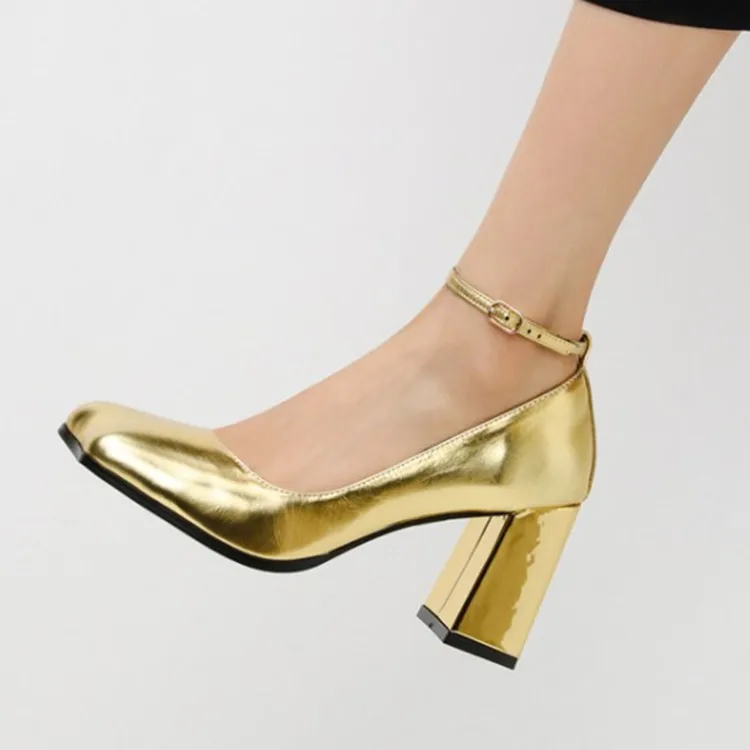 

Classical Style Square Toe Women Shallow Pumps Gold Leather Chunky High Heels Vintage Silver Dress Party Chaussure Femme Sapatos