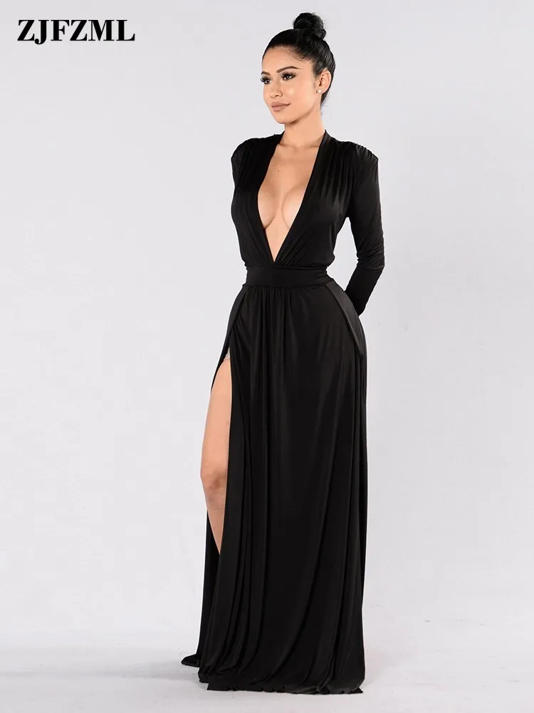 

Elegant Formal Vestido for Ladies Black Plunge V Neck Cleavage Full Sleeve Empire Waist High Split Floor Length Ceremonial Dress