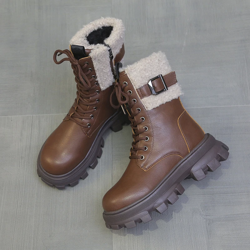 Thick Soled Leather Ankle Boots Women's 2023 New Lace Up Thickened Thermal Short Boots Women's Thick Soled Winter Shoes Women's