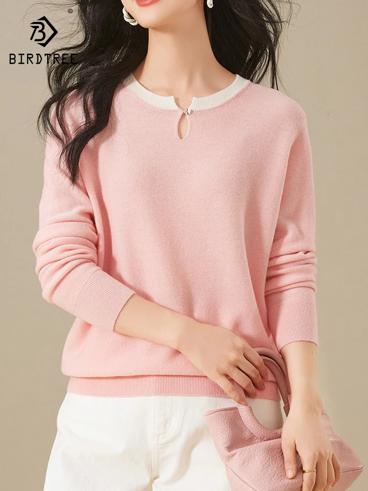 

Birdtree 100%Sheep Wool New Elegant Sweater For Women Autumn/Winter Contrast Stripe Hollow Neckline Bottom Pullover T30520QC