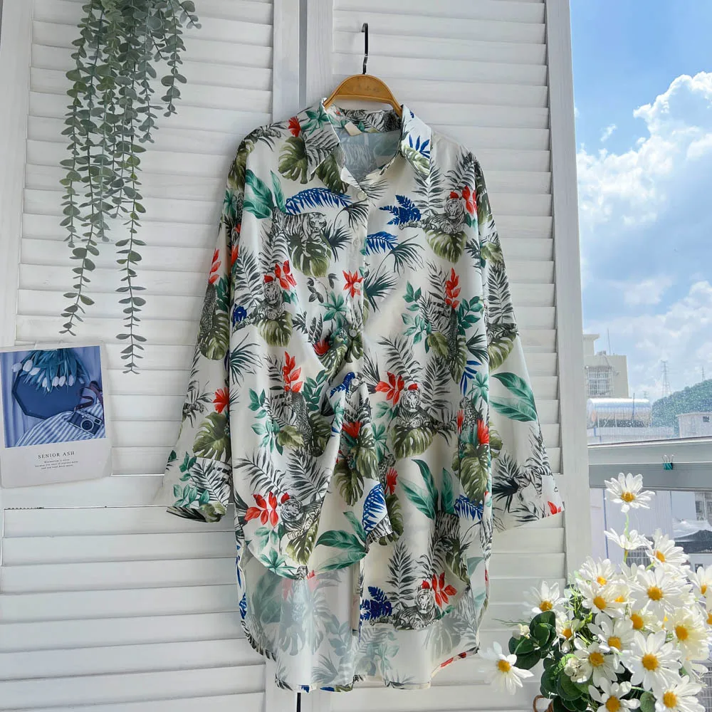 

2022 Summer New Vacation Style Printed Shirt Women's Long Sleeve Sun Protection Shirt, Versatile Mid-Length Loose Outer Tops