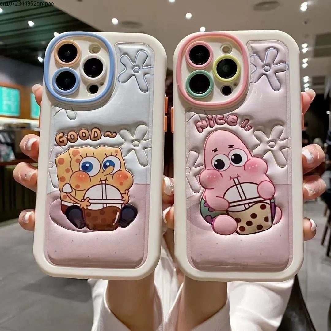 

Cartoon Spongebobs Patrick Stars Luxury Leather Phone Case for IPhone 14 13 12 11 Pro Max Couple Anti-drop Soft Back Cover Gift