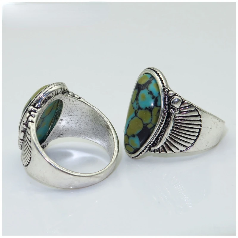 

Natural Vintage Turquoise feather ring retro men's and women's jewelry gem ring for Lovers' Jewelry Handmade Ring