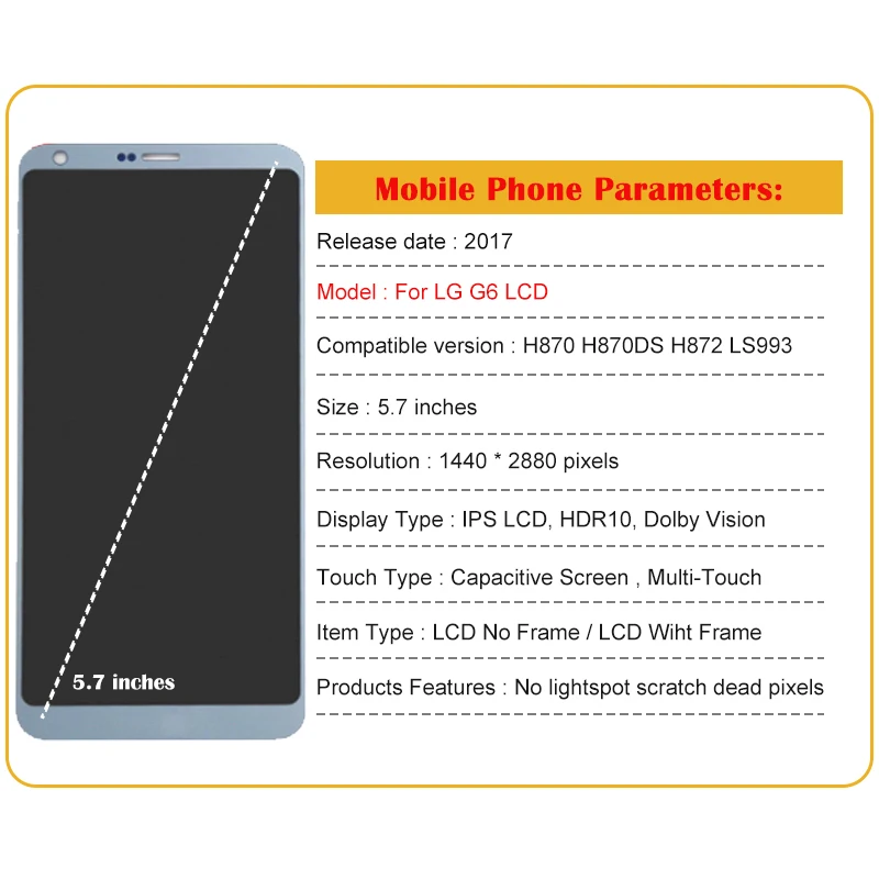 ЖК-дисплей 5 7 дюйма для LG G6 сенсорный экран H870 H870DS H872 LS993 VS998 US997 ЖК-экран с рамкой в
