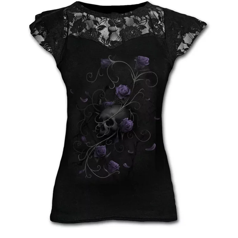 

Goth Y2k Graphic T Shirts for Women Gothic Plus Size Clothing Black Grunge Punk Tees Ladies Lace Short Sleeve Tops Summer Tshirt