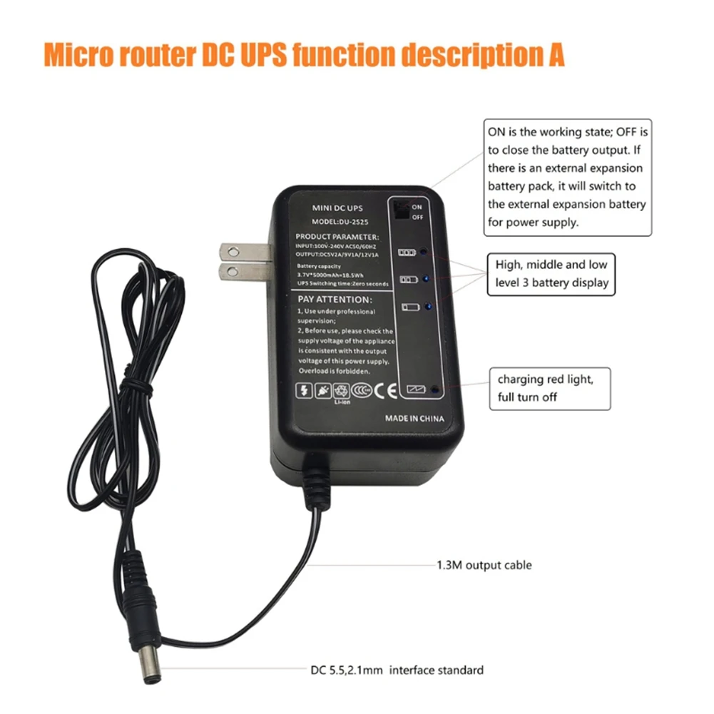 

Rechargeable 5000MAh 5V 9V 12V UPS Uninterrupted Backup Power Supply 5.5X2.1Mm Output for WiFi Router LED US Plug